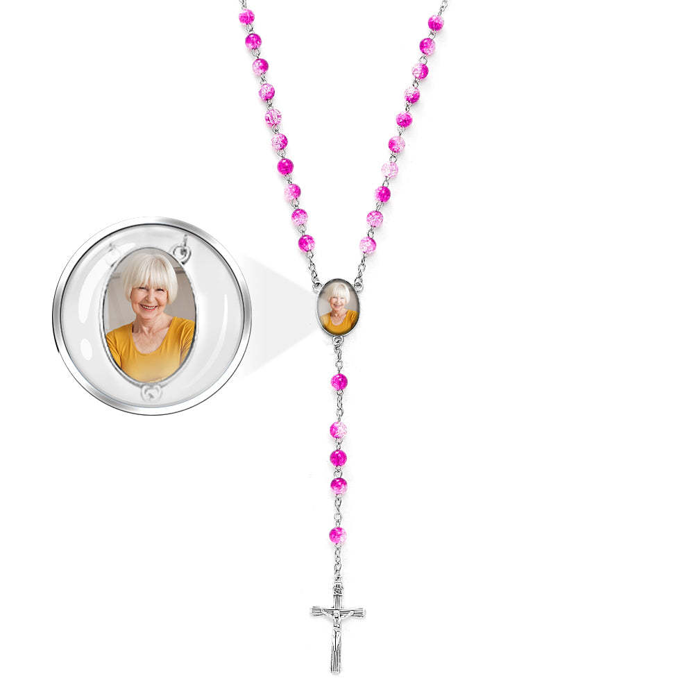 Custom Rosary Beads Cross Necklace Personalized Acrylic Explosion Beads Necklace with Photo - soufeelmy