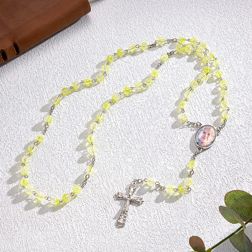 Custom Rosary Beads Cross Necklace Personalized Acrylic Explosion Beads Necklace with Photo - soufeelmy