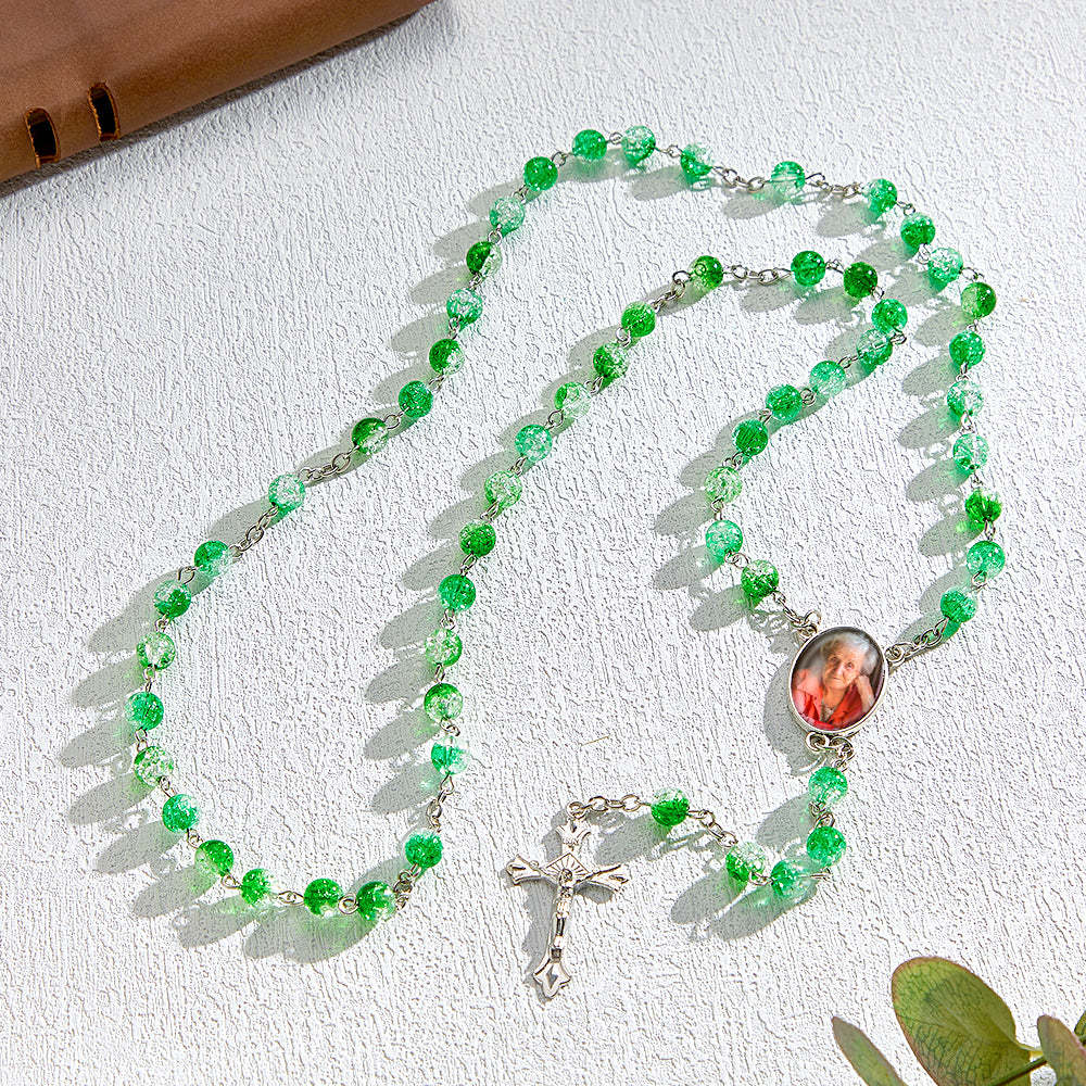 Custom Rosary Beads Cross Necklace Personalized Acrylic Explosion Beads Necklace with Photo - soufeelmy