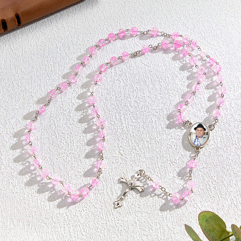 Custom Rosary Beads Cross Necklace Personalized Acrylic Explosion Beads Necklace with Photo - soufeelmy