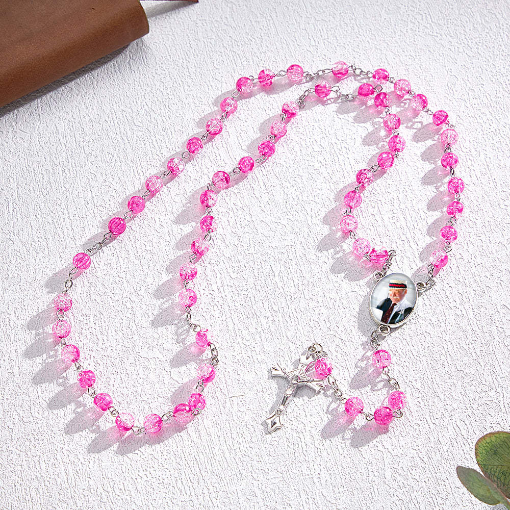 Custom Rosary Beads Cross Necklace Personalized Acrylic Explosion Beads Necklace with Photo - soufeelmy