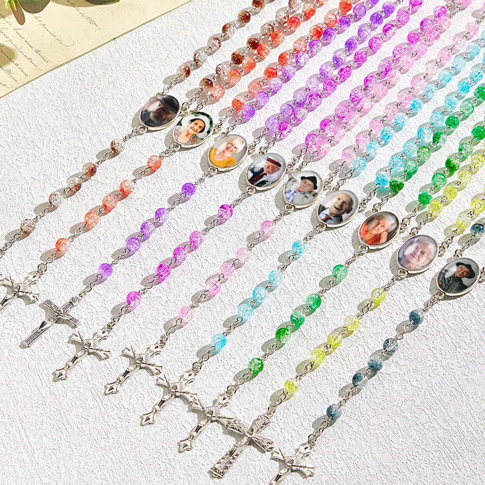 Custom Rosary Beads Cross Necklace Personalized Acrylic Explosion Beads Necklace with Photo - soufeelmy