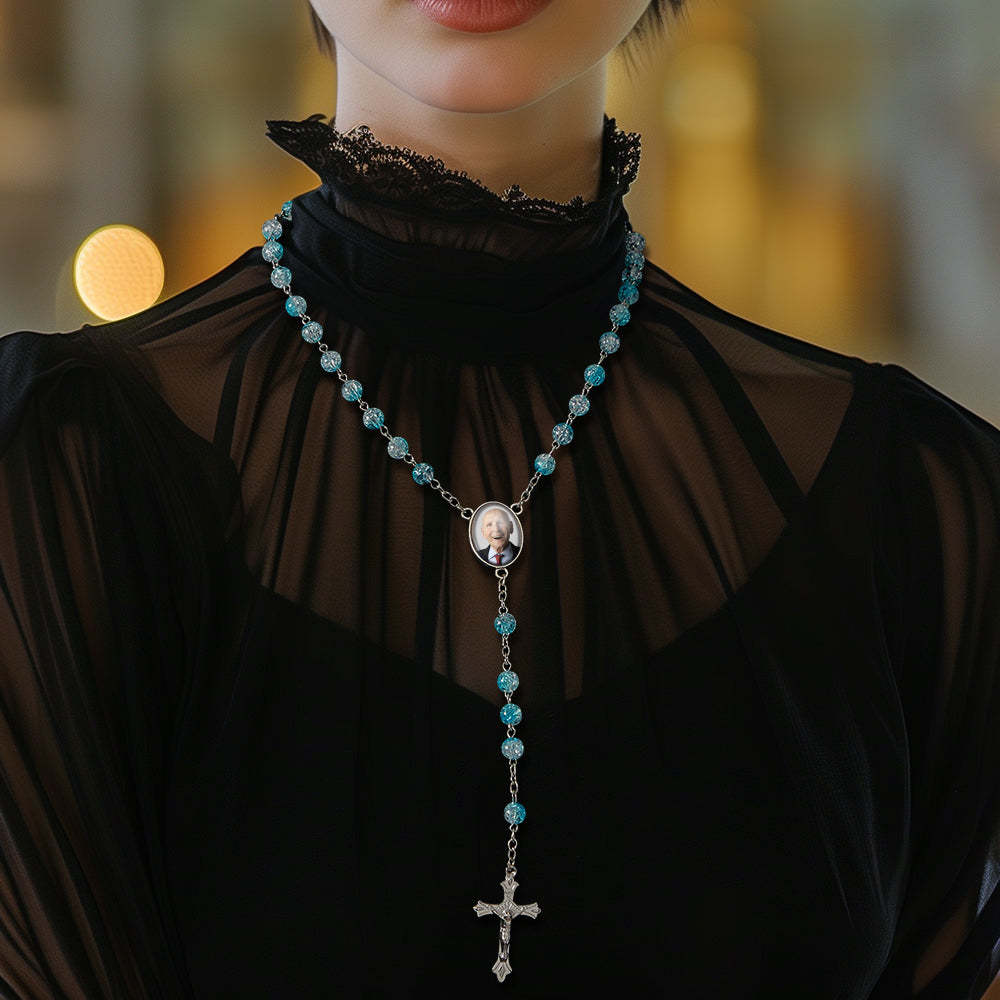 Custom Rosary Beads Cross Necklace Personalized Acrylic Explosion Beads Necklace with Photo - soufeelmy