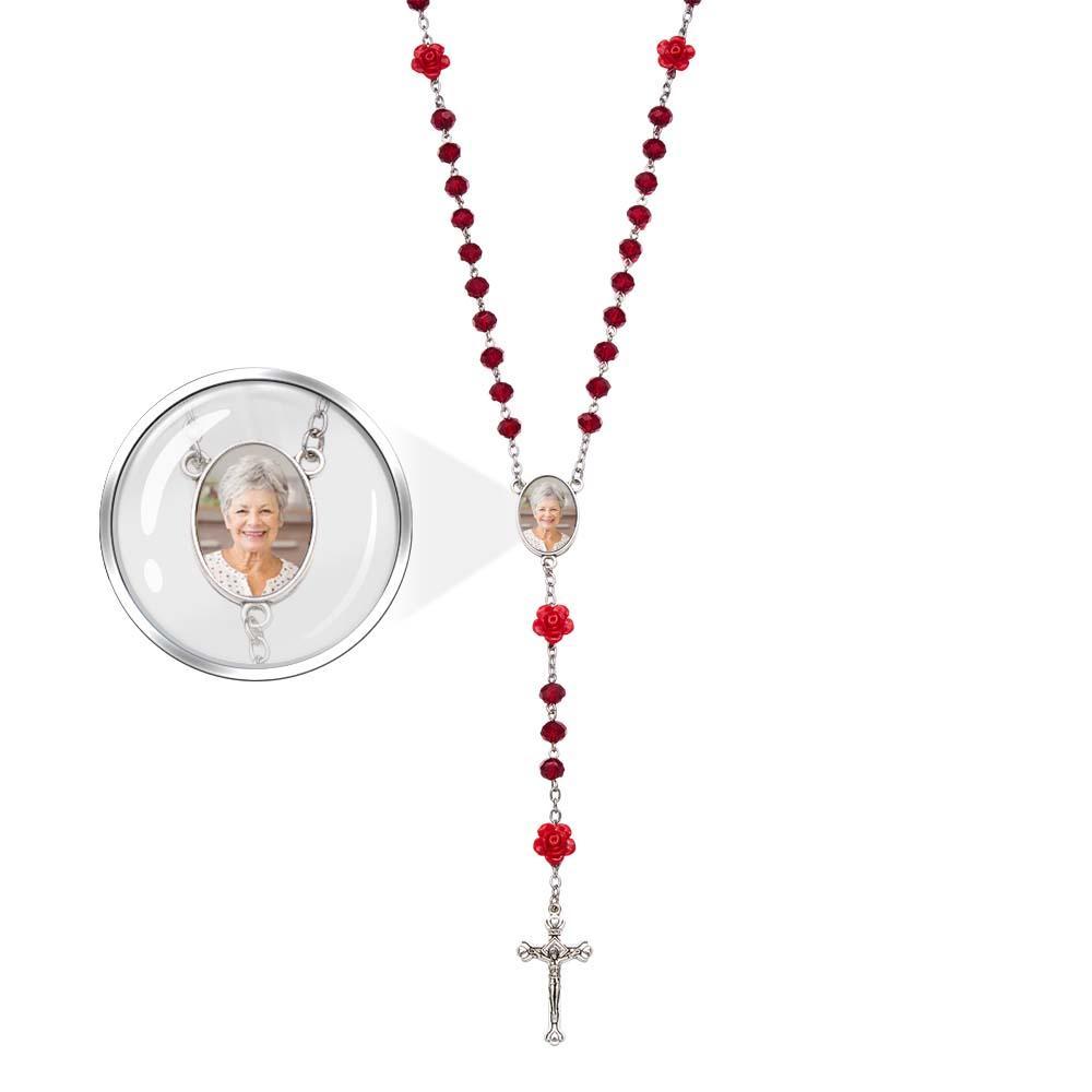Custom Rosary Beads Cross Necklace Personalized Rose Crystal Necklace with Photo - soufeelmy