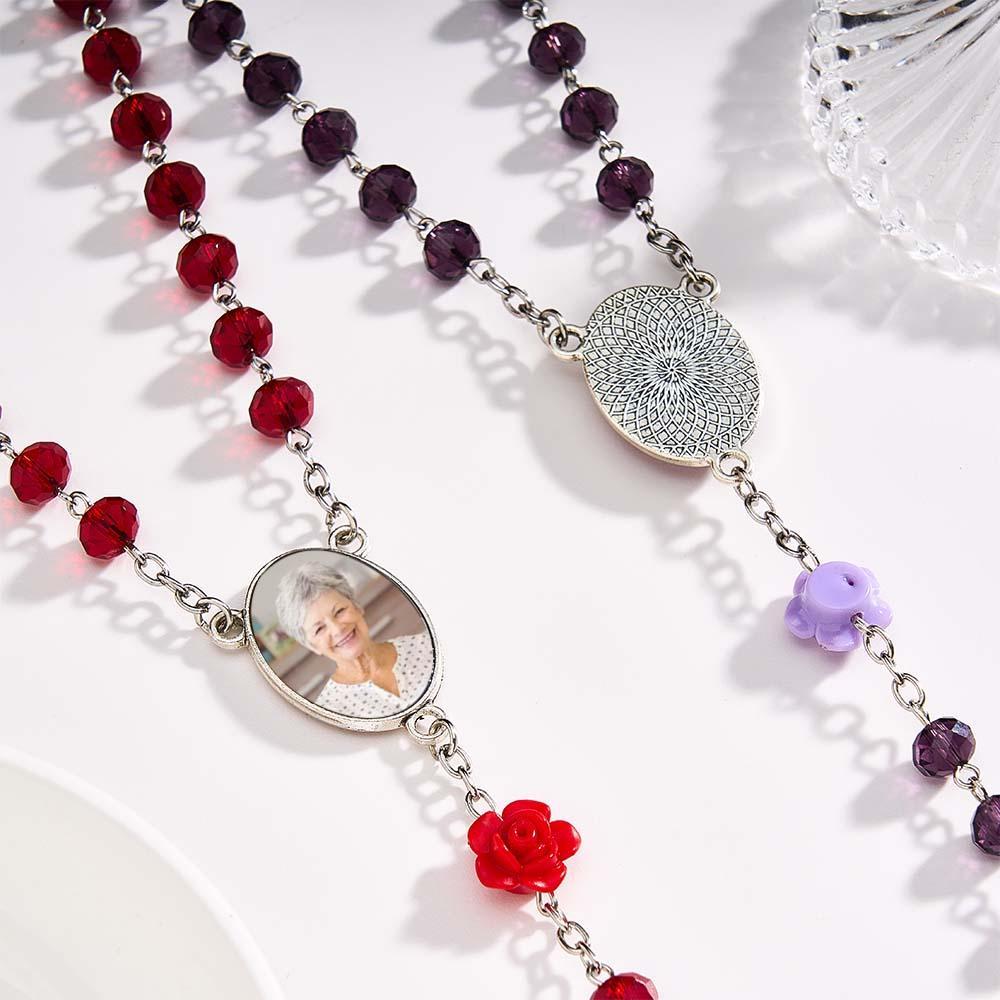 Custom Rosary Beads Cross Necklace Personalized Rose Crystal Necklace with Photo - soufeelmy