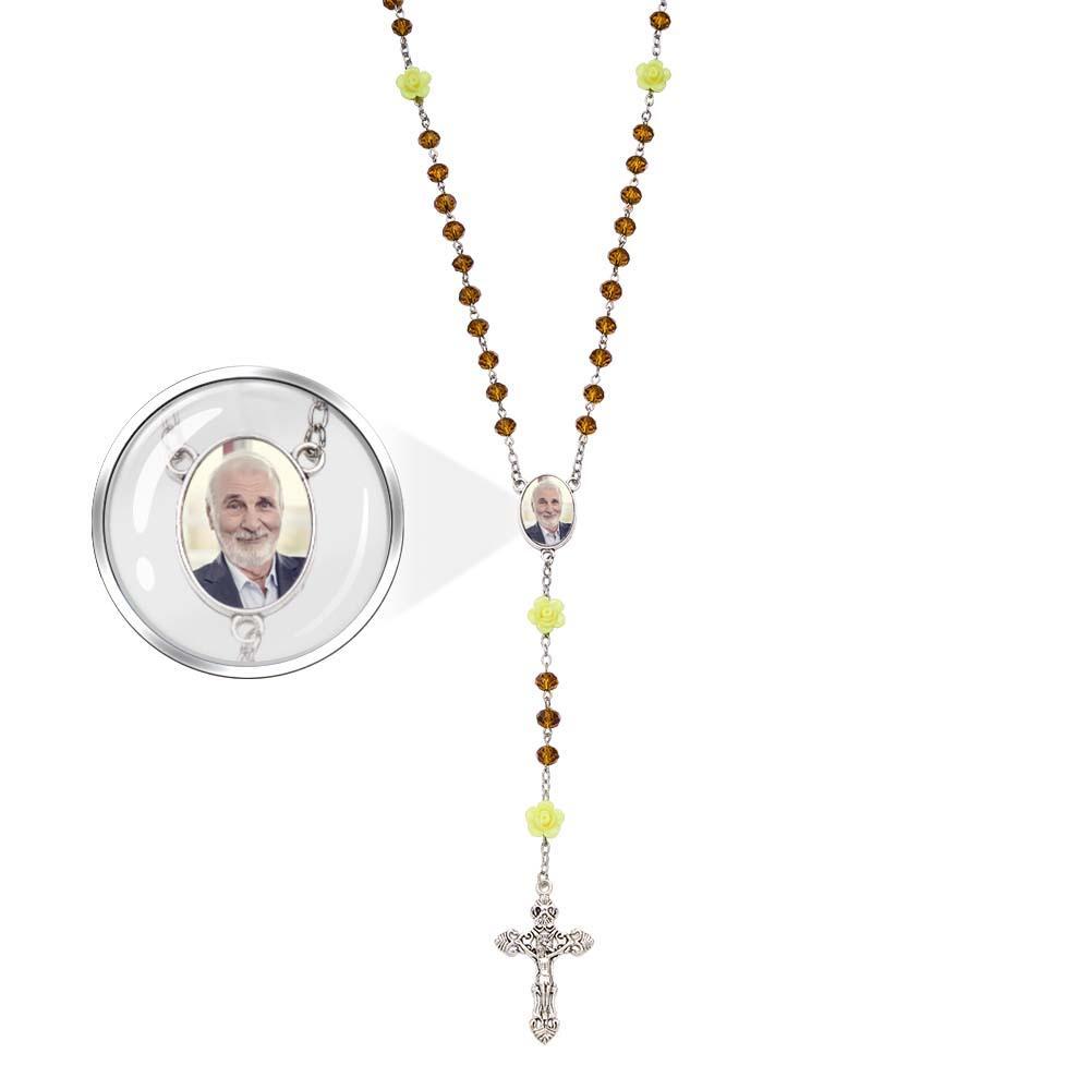 Custom Rosary Beads Cross Necklace Personalized Rose Crystal Necklace with Photo - soufeelmy