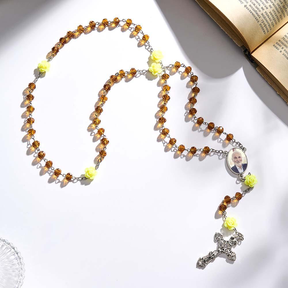 Custom Rosary Beads Cross Necklace Personalized Rose Crystal Necklace with Photo - soufeelmy
