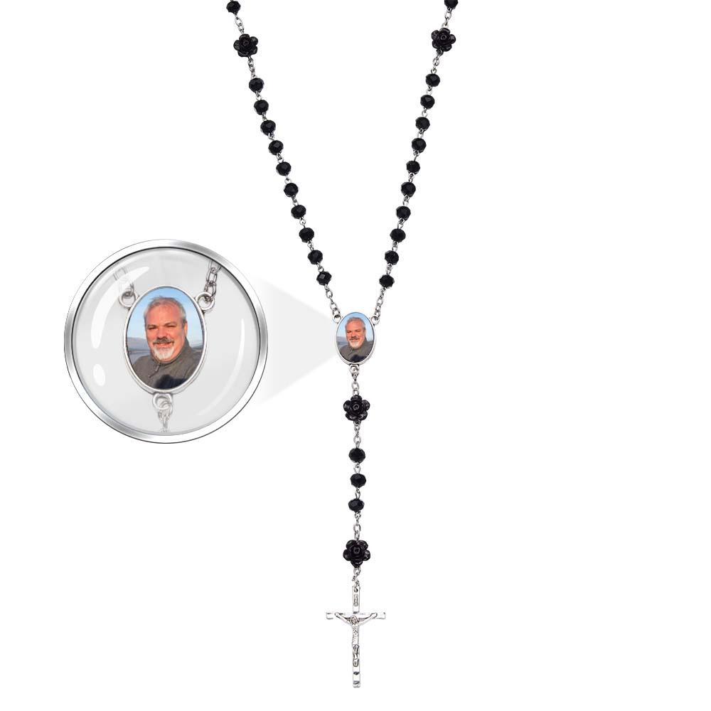 Custom Rosary Beads Cross Necklace Personalized Rose Crystal Necklace with Photo - soufeelmy