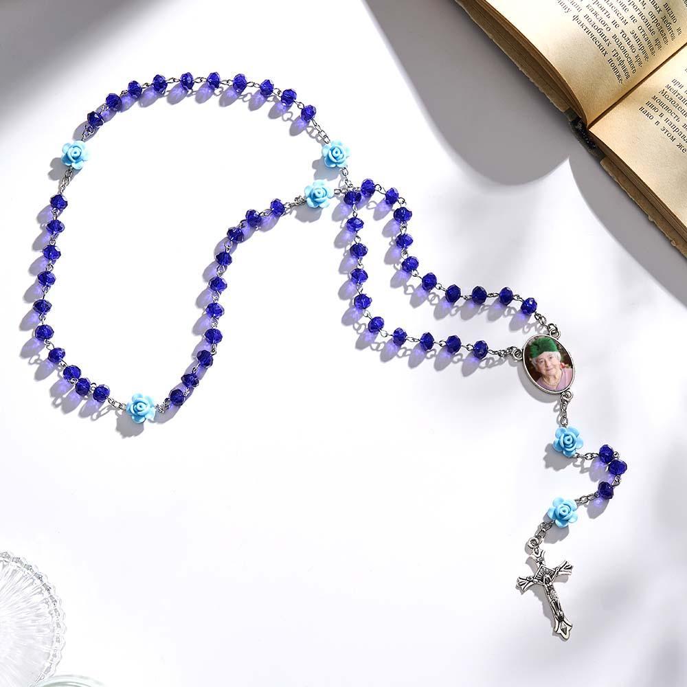 Custom Rosary Beads Cross Necklace Personalized Rose Crystal Necklace with Photo - soufeelmy