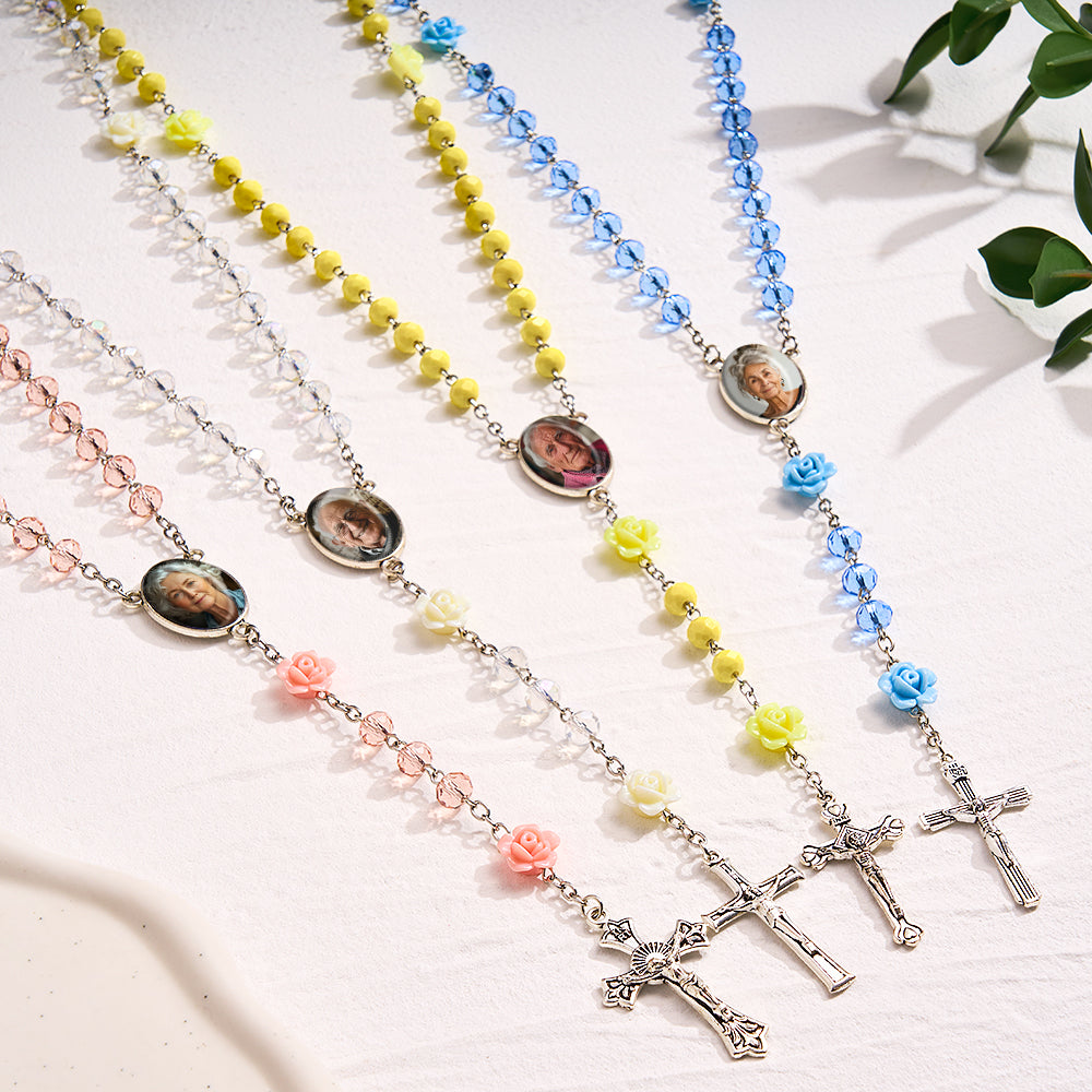 Custom Rosary Beads Cross Necklace Personalized Hip-Hop Style Multi-Color Crystal Necklace with Photo - soufeelmy