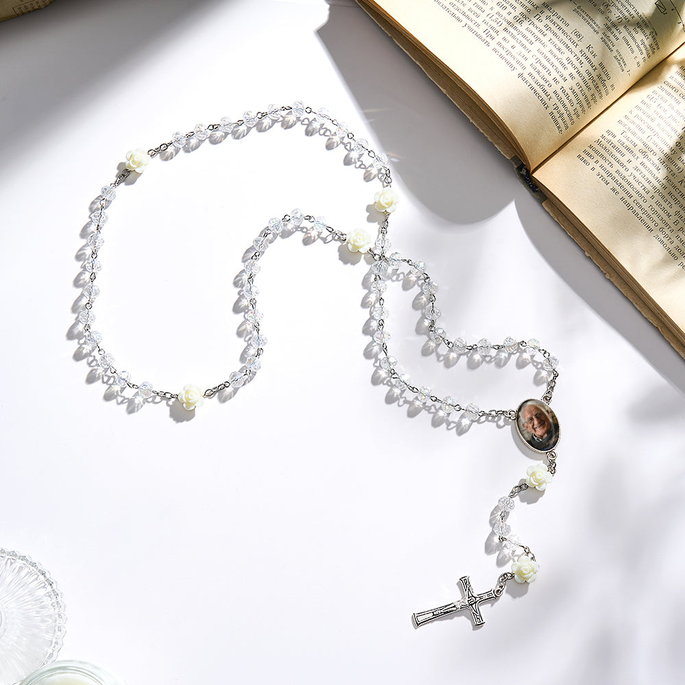 Custom Rosary Beads Cross Necklace Personalized Hip-Hop Style Multi-Color Crystal Necklace with Photo - soufeelmy