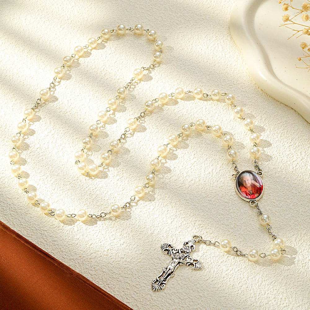 Custom Rosary Beads Cross Necklace Personalized White Imitation Pearls Necklace with Photo - soufeelmy