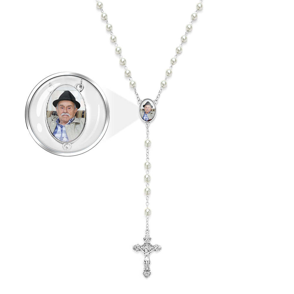 Custom Rosary Beads Cross Necklace Personalized White Imitation Pearls Necklace with Photo - soufeelmy