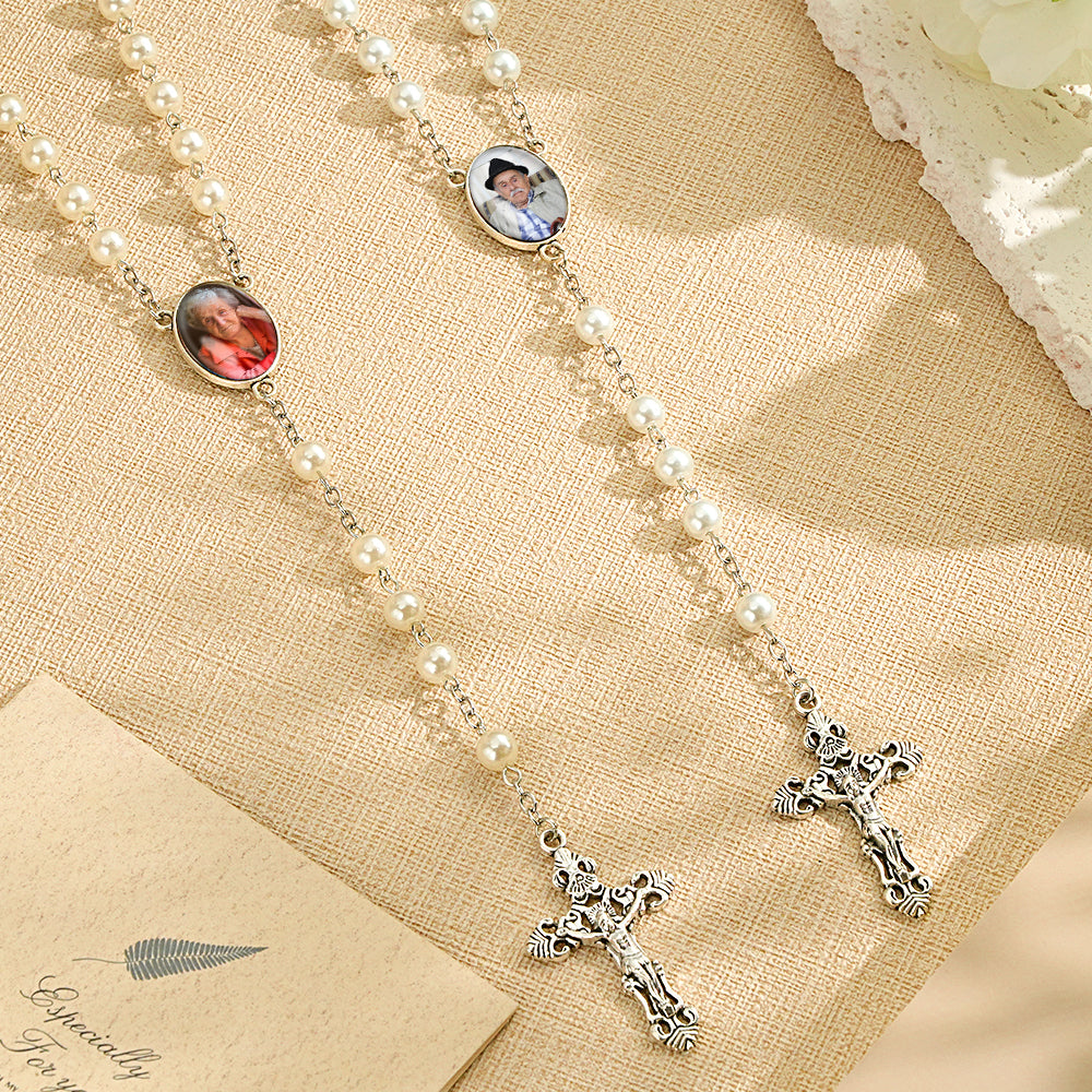 Custom Rosary Beads Cross Necklace Personalized White Imitation Pearls Necklace with Photo - soufeelmy
