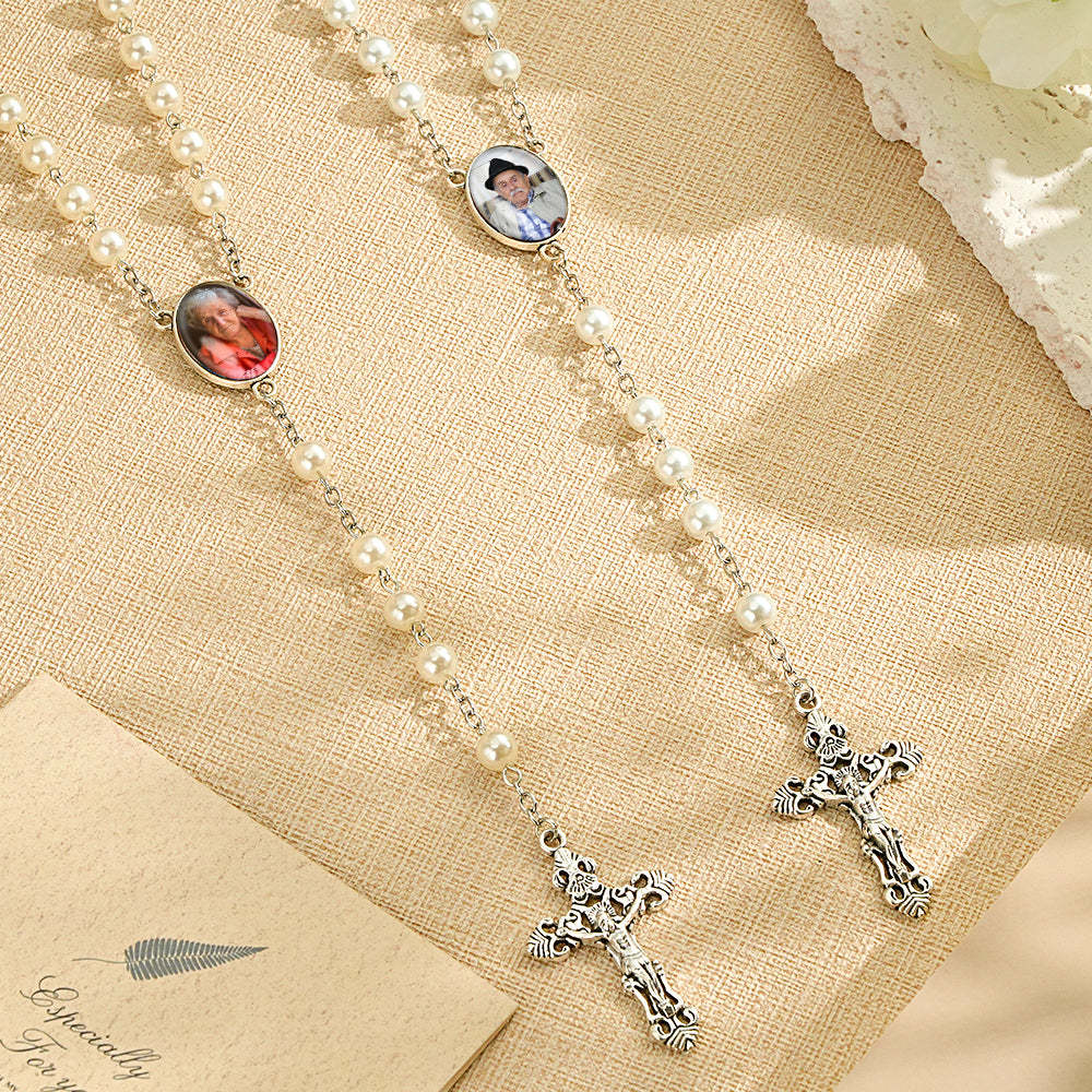 Custom Rosary Beads Cross Necklace Personalized White Imitation Pearls Necklace with Photo - soufeelmy