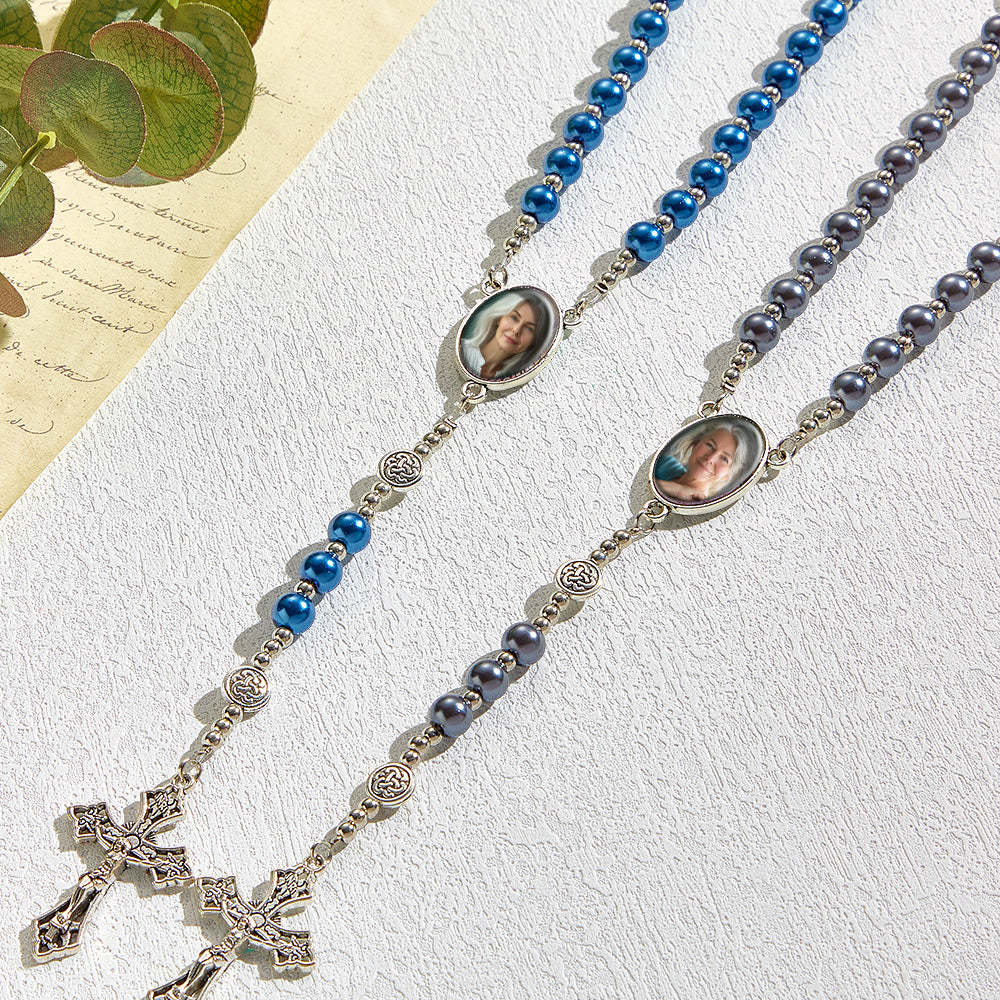 Custom Rosary Beads Cross Necklace Personalized Retro Glass Imitation Pearl Hollow Necklace with Photo - soufeelmy