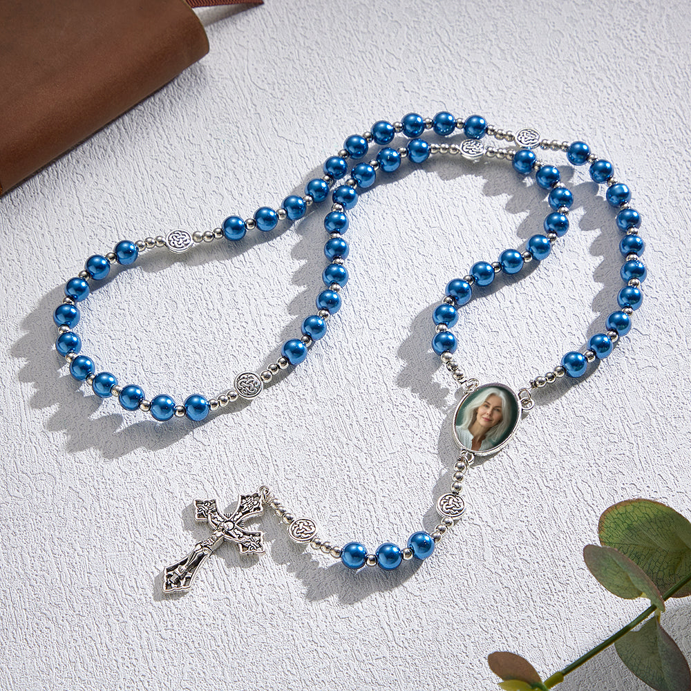 Custom Rosary Beads Cross Necklace Personalized Retro Glass Imitation Pearl Hollow Necklace with Photo - soufeelmy
