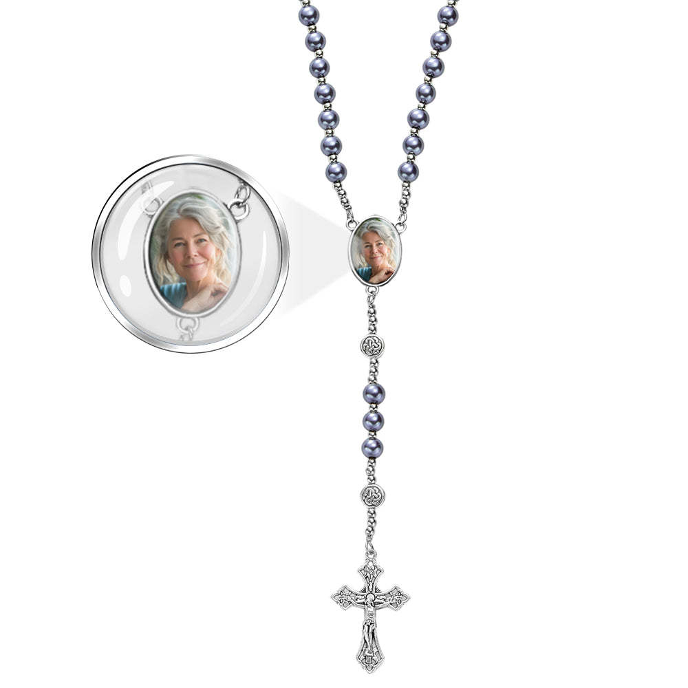Custom Rosary Beads Cross Necklace Personalized Retro Glass Imitation Pearl Hollow Necklace with Photo - soufeelmy