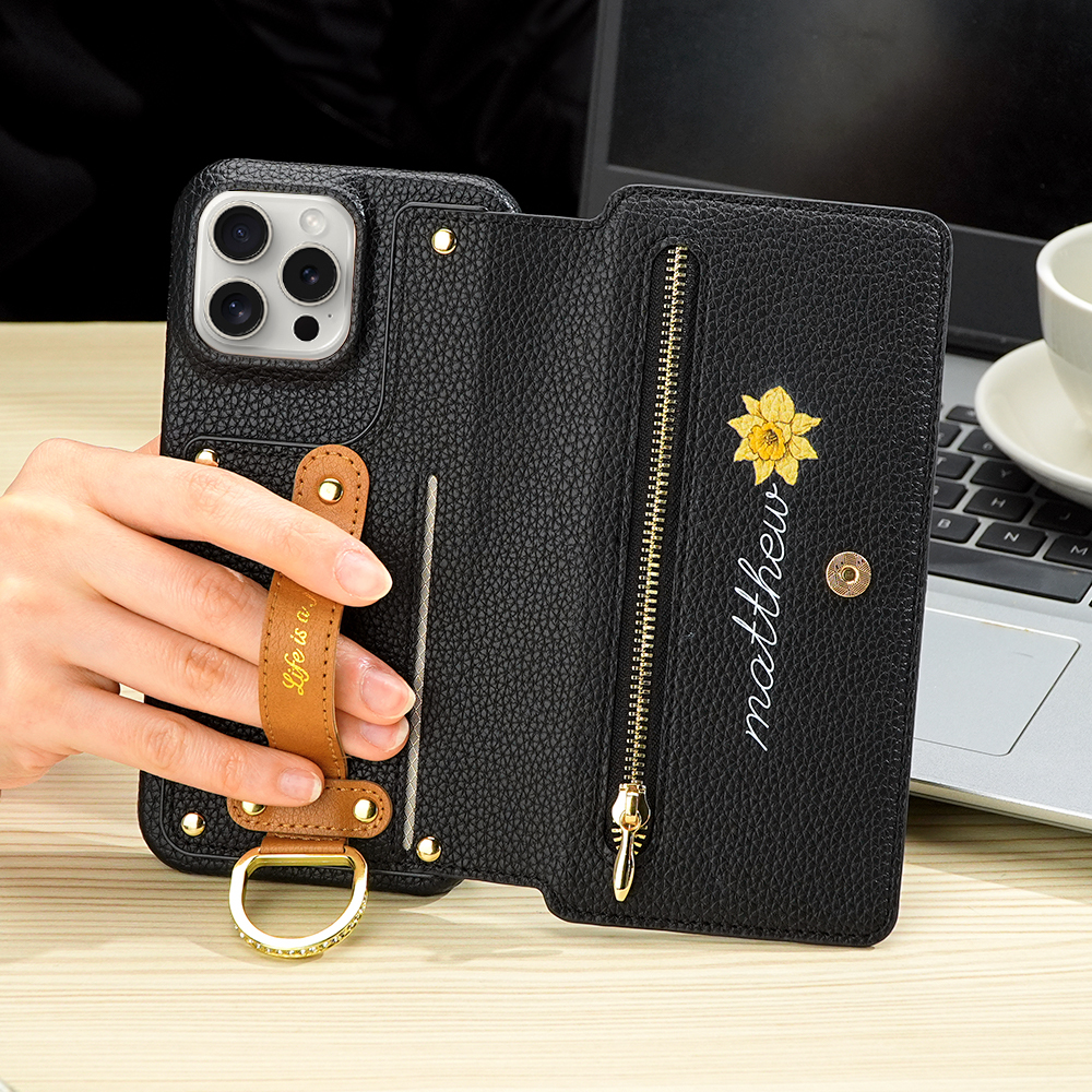Personalized Birth Flower Name Leather Flip Wallet Phone Case with Card Holder - soufeelmy