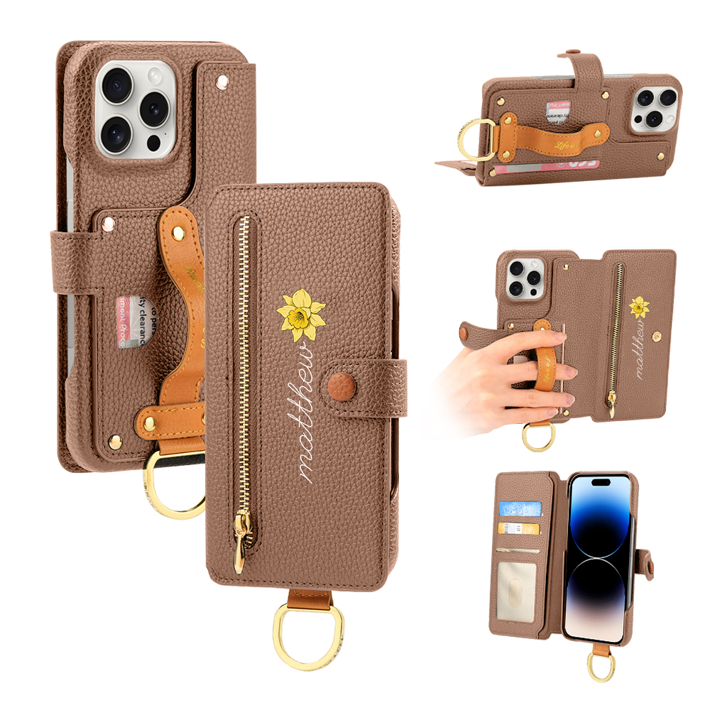 Personalized Birth Flower Name Leather Flip Wallet Phone Case with Card Holder - soufeelmy