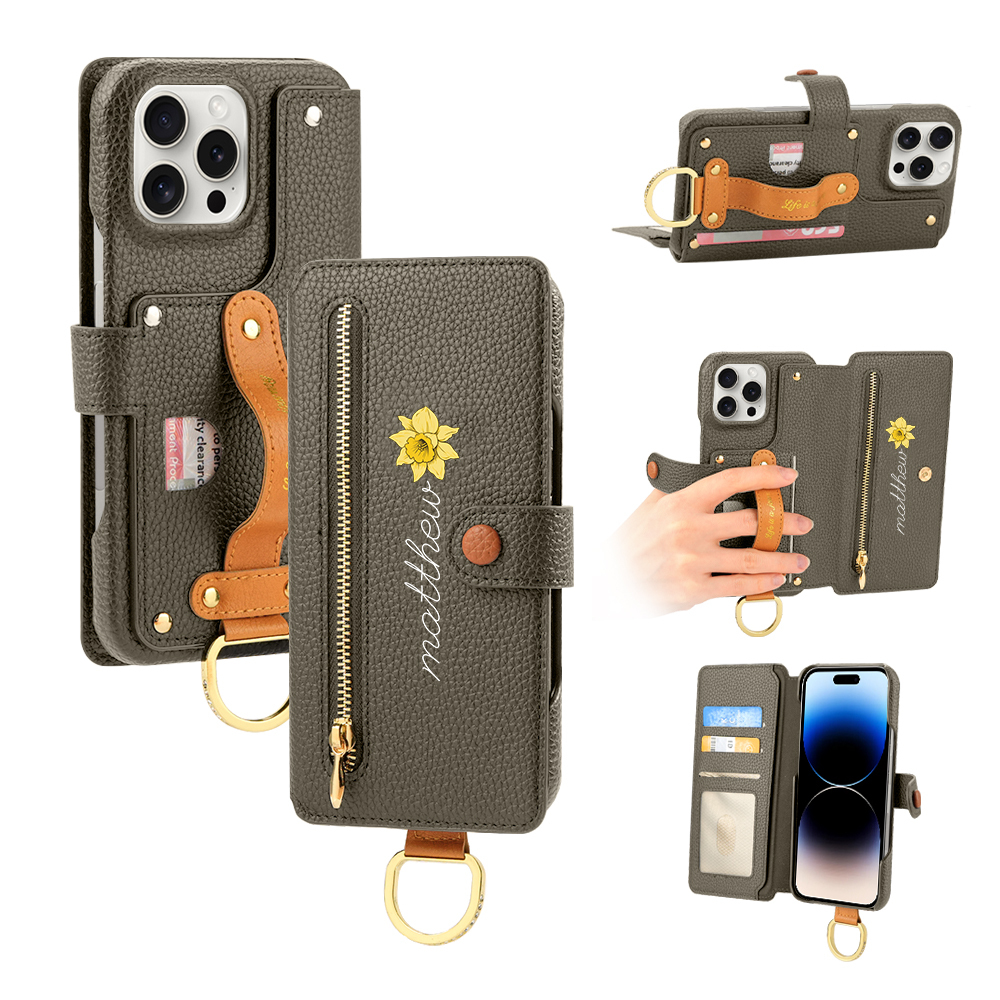Personalized Birth Flower Name Leather Flip Wallet Phone Case with Card Holder - soufeelmy