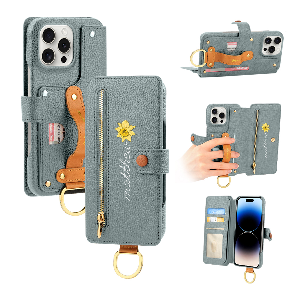Personalized Birth Flower Name Leather Flip Wallet Phone Case with Card Holder - soufeelmy
