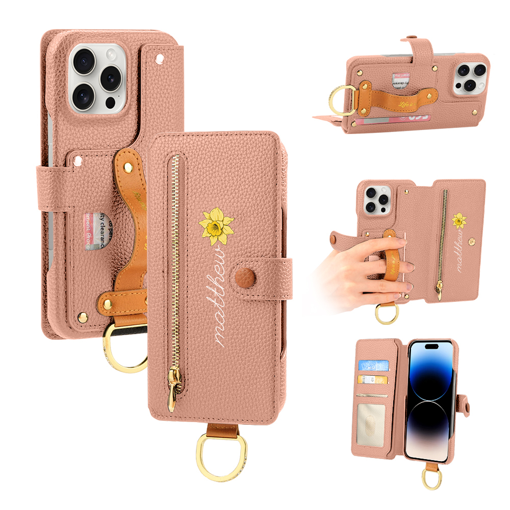 Personalized Birth Flower Name Leather Flip Wallet Phone Case with Card Holder - soufeelmy