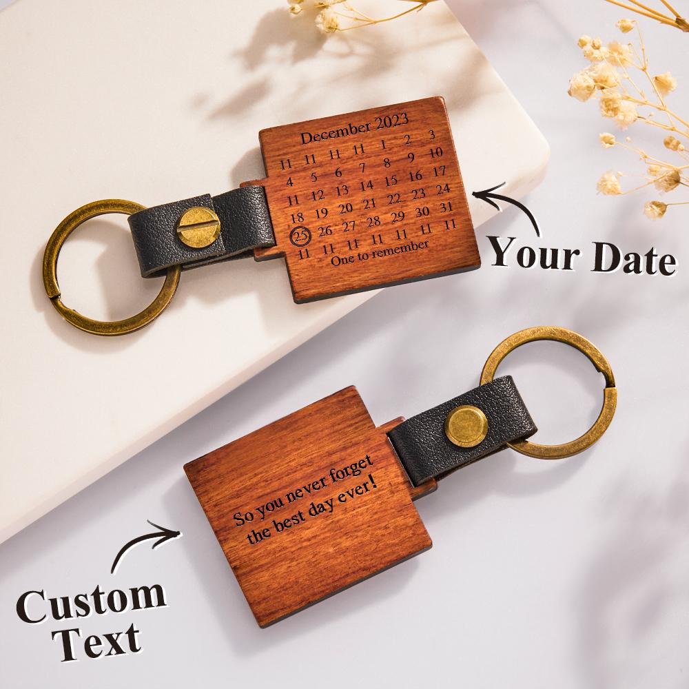 Custom Engraved Calendar Wooden Keychain Personalized Memorial Date Anniversary Gifts - soufeelmy