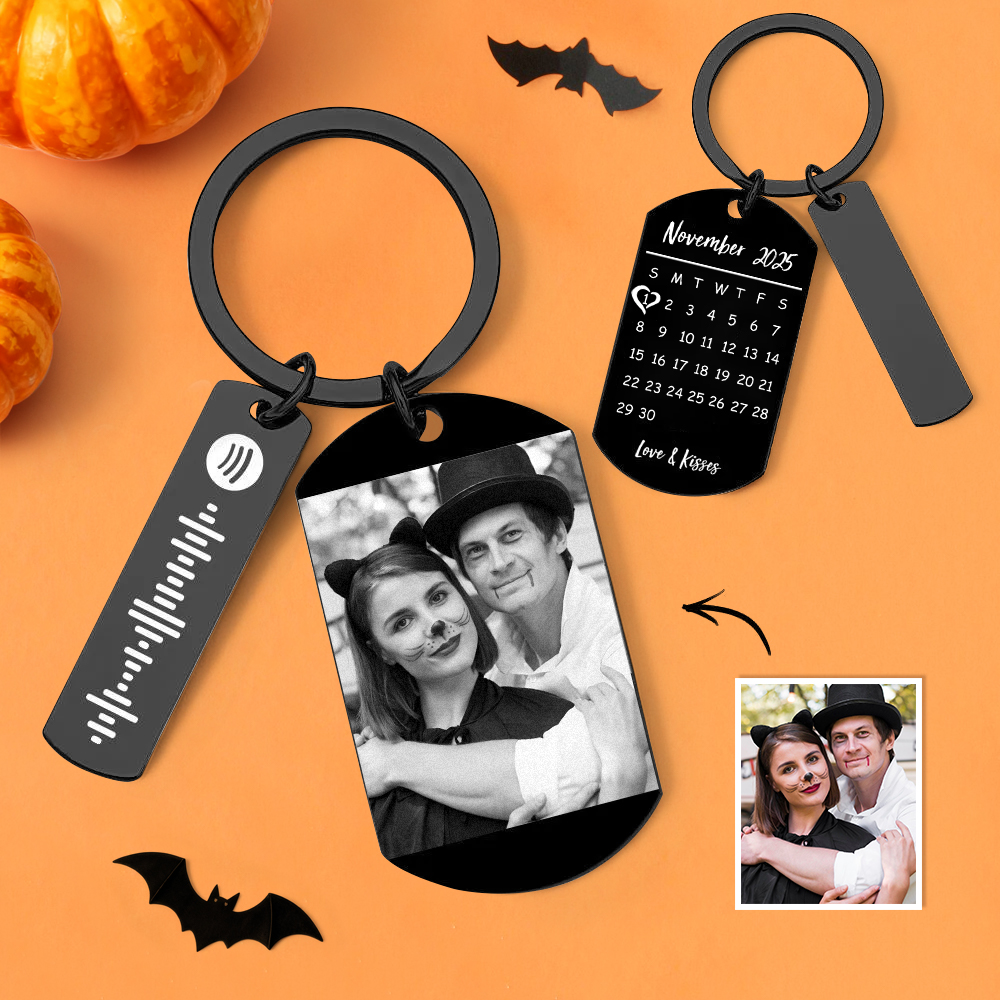 Personalized Spotify Calendar Keychain Custom Picture & Music Song Code Couples Photo Keyring Halloween Gifts - soufeelmy