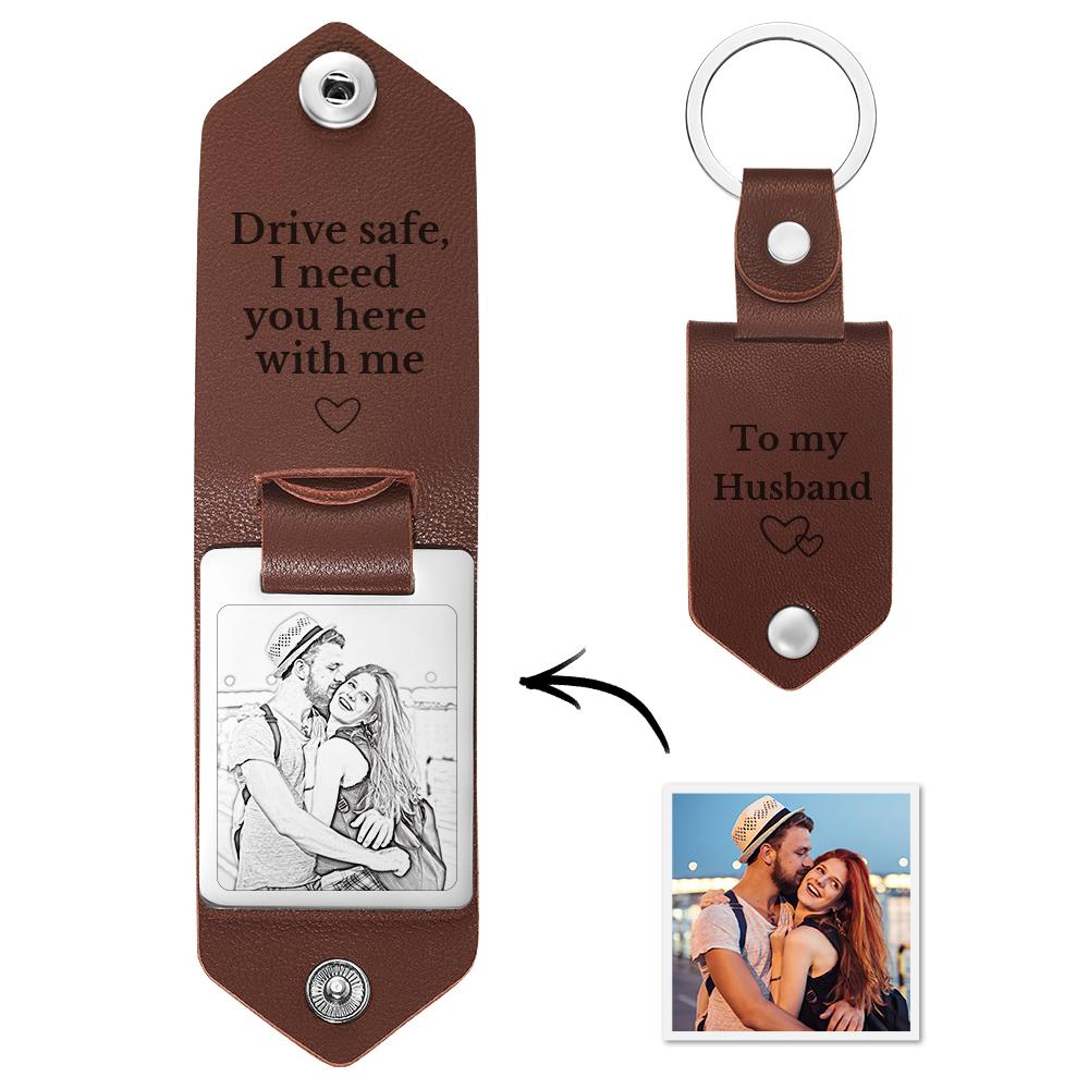 Personalized Leather Keychain Drive Safe Significant Photo Keychain Anniversary Gift For Him - soufeelmy