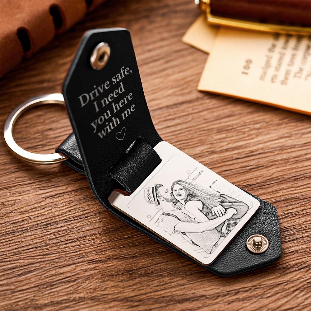 Personalized Leather Keychain Drive Safe Significant Photo Keychain Anniversary Gift For Him - soufeelmy