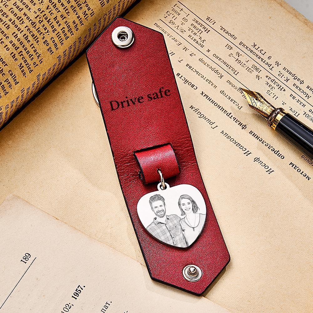 Custom Heart Shaped Photo Leather Keychain With Text Annivesary Gifts For Men - soufeelmy