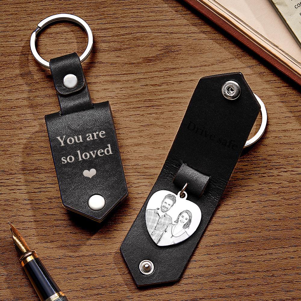 Custom Heart Shaped Photo Leather Keychain With Text Annivesary Gifts For Men - soufeelmy