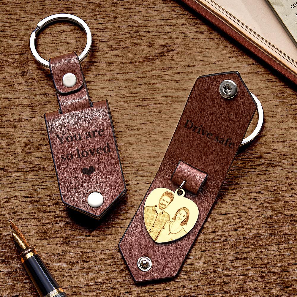 Custom Heart Shaped Photo Leather Keychain With Text Annivesary Gifts For Men - soufeelmy