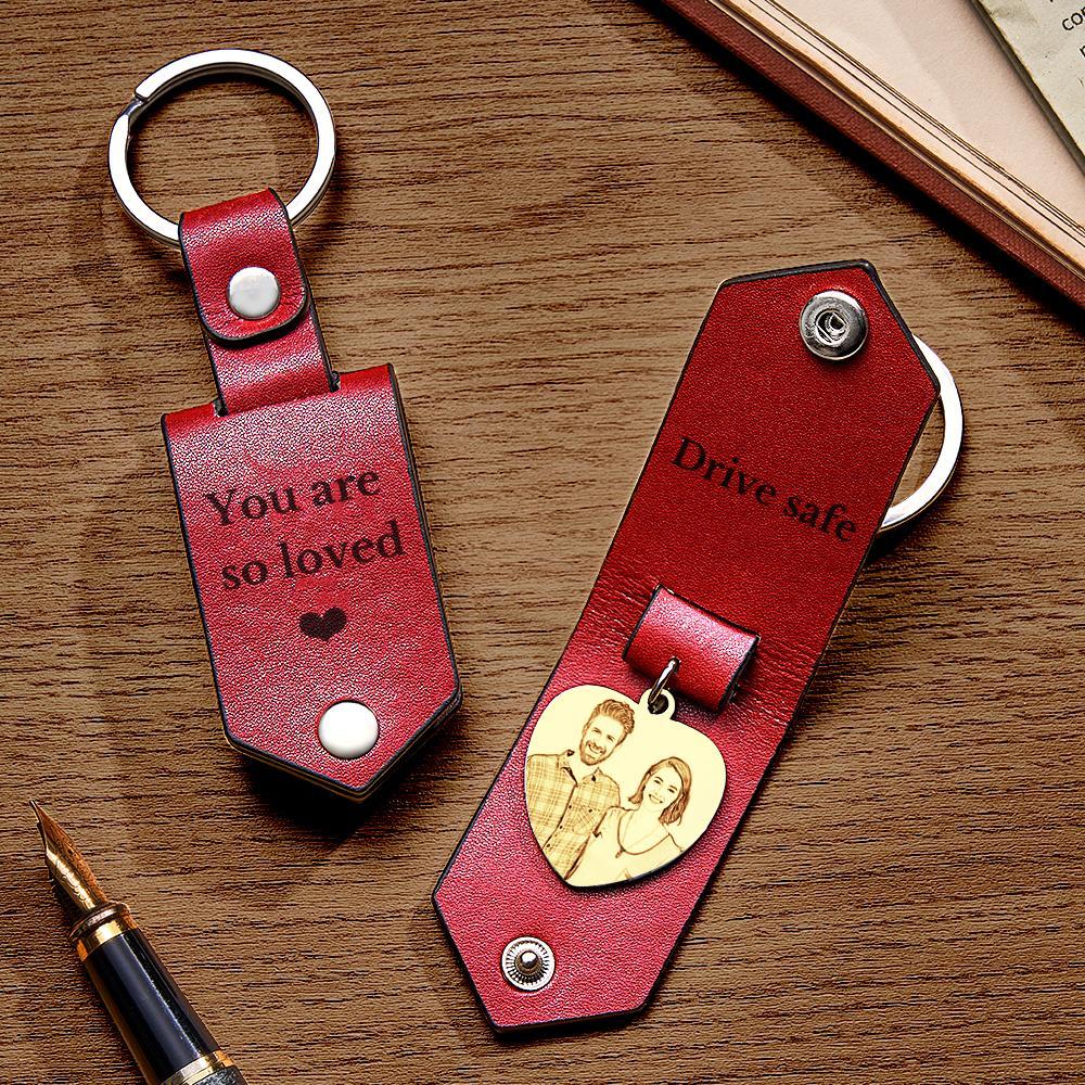 Custom Heart Shaped Photo Leather Keychain With Text Annivesary Gifts For Men - soufeelmy