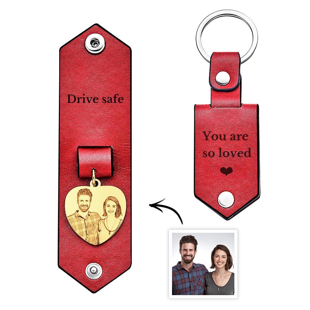 Custom Heart Shaped Photo Leather Keychain With Text Annivesary Gifts For Men - soufeelmy
