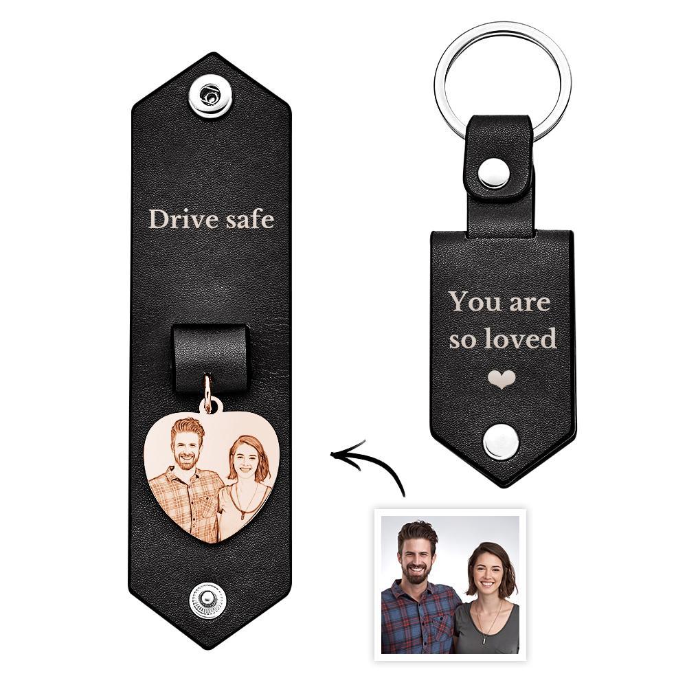 Custom Heart Shaped Photo Leather Keychain With Text Annivesary Gifts For Men - soufeelmy