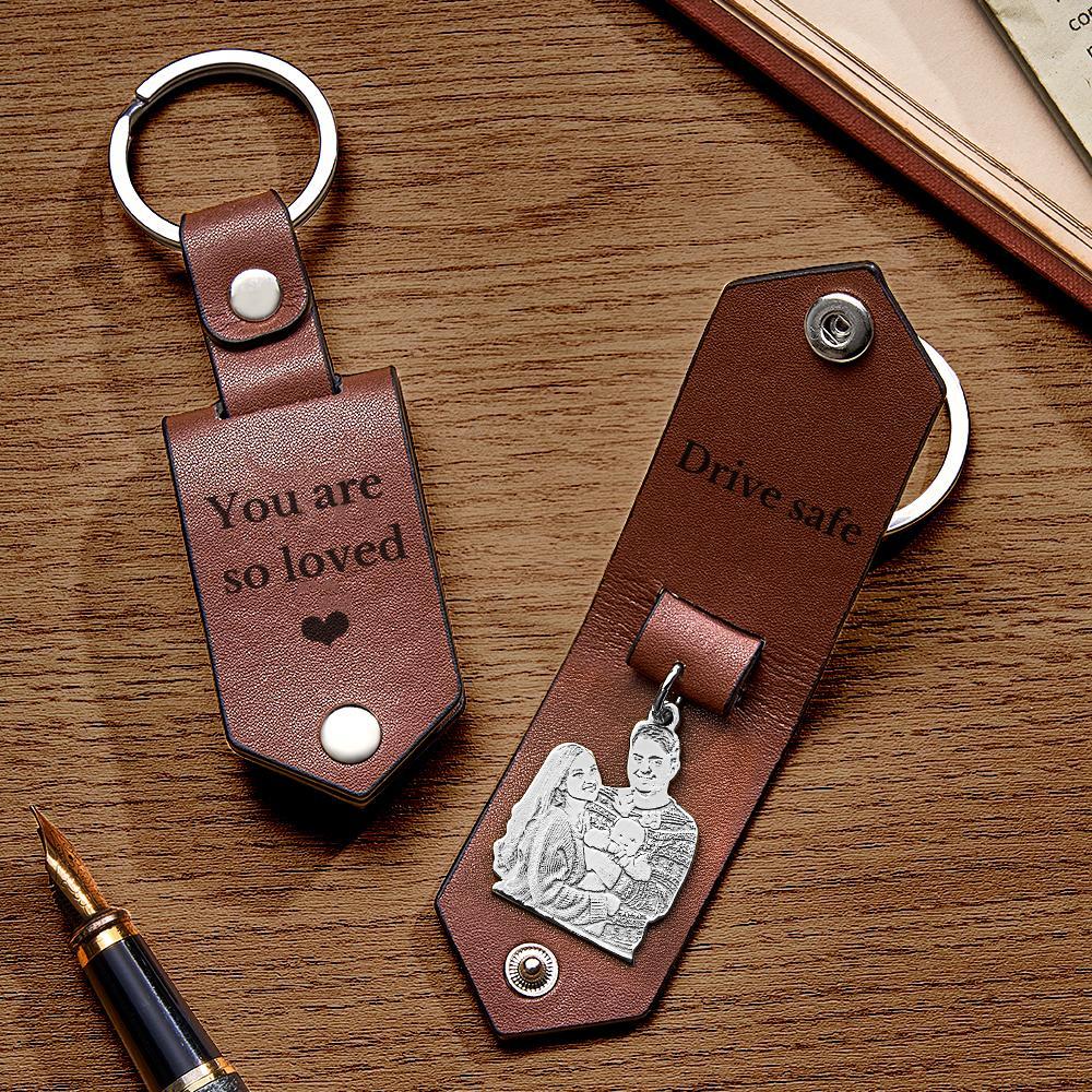 Custom Photo Leather Keychain With Text Annivesary Gifts For Men - soufeelmy