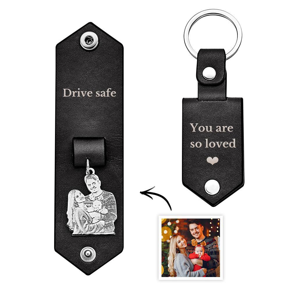 Custom Photo Leather Keychain With Text Annivesary Gifts For Men - soufeelmy