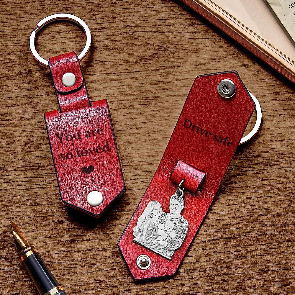 Custom Photo Leather Keychain With Text Annivesary Gifts For Men - soufeelmy