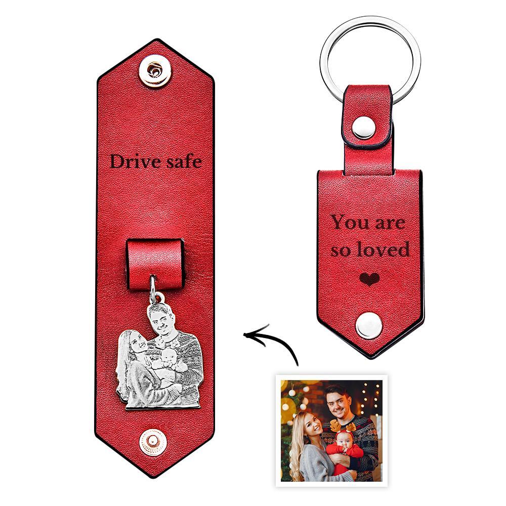 Custom Photo Leather Keychain With Text Annivesary Gifts For Men - soufeelmy