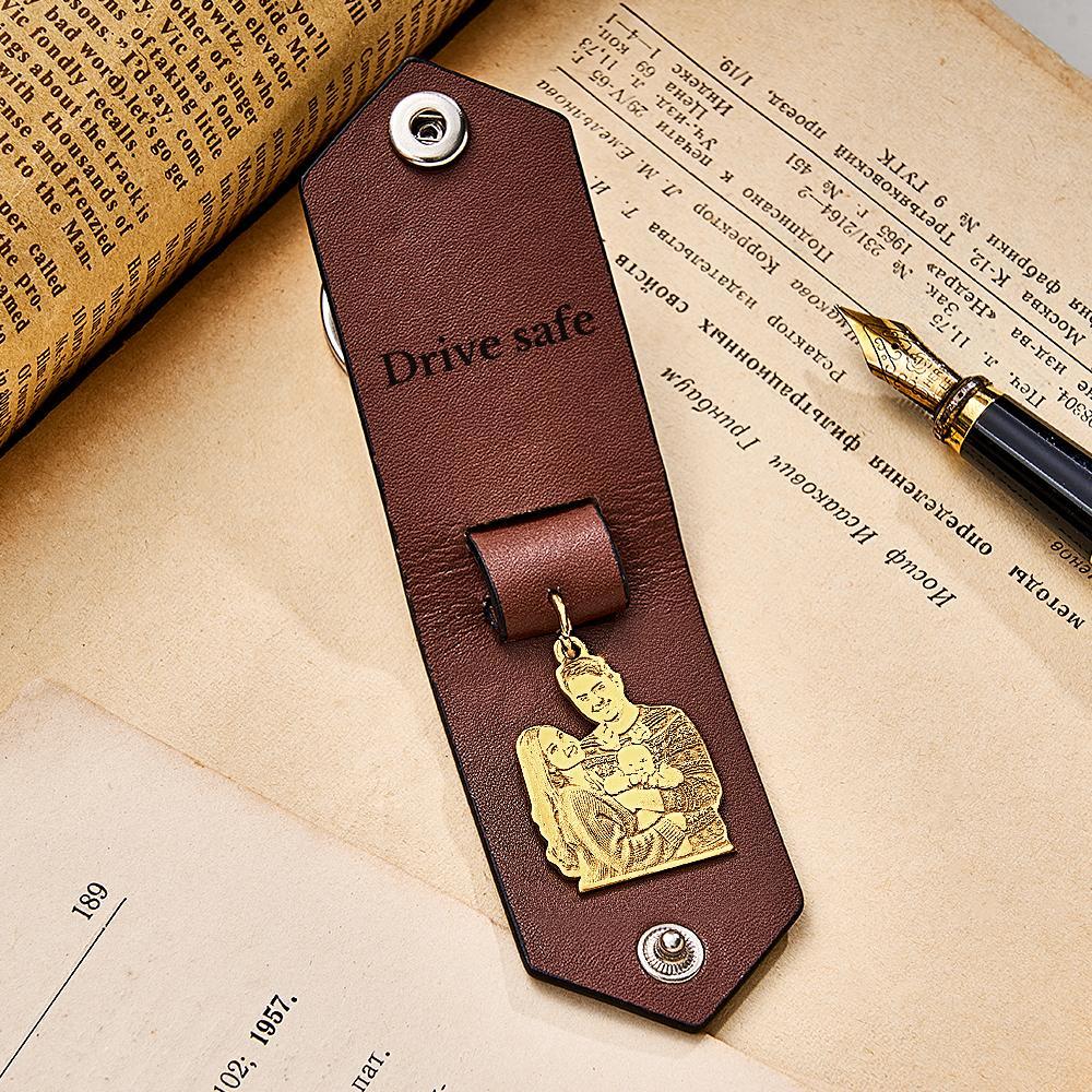 Custom Photo Leather Keychain With Text Annivesary Gifts For Men - soufeelmy