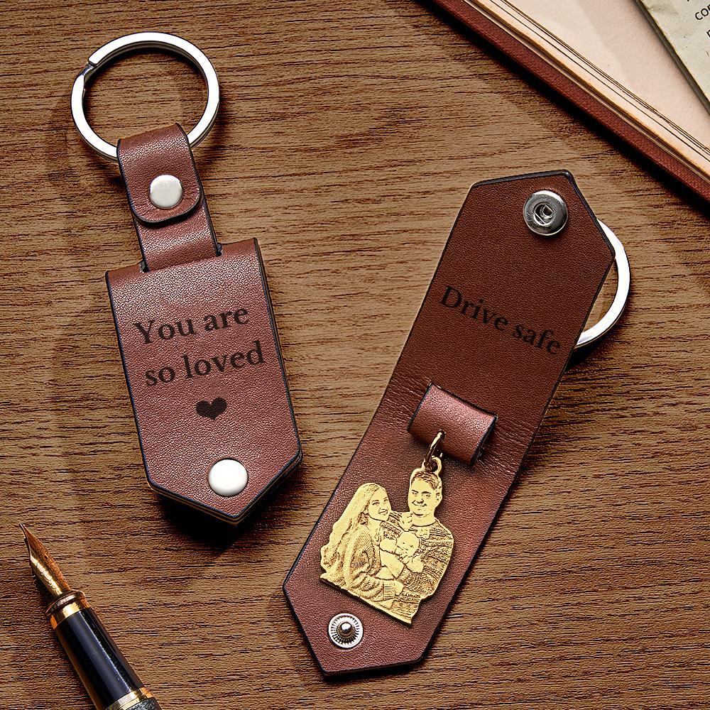 Custom Photo Leather Keychain With Text Annivesary Gifts For Men - soufeelmy