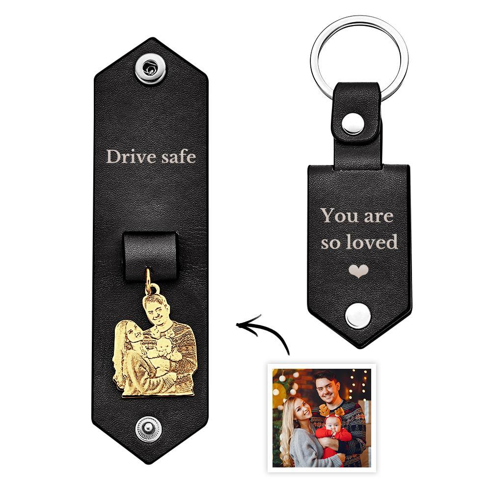 Custom Photo Leather Keychain With Text Annivesary Gifts For Men - soufeelmy