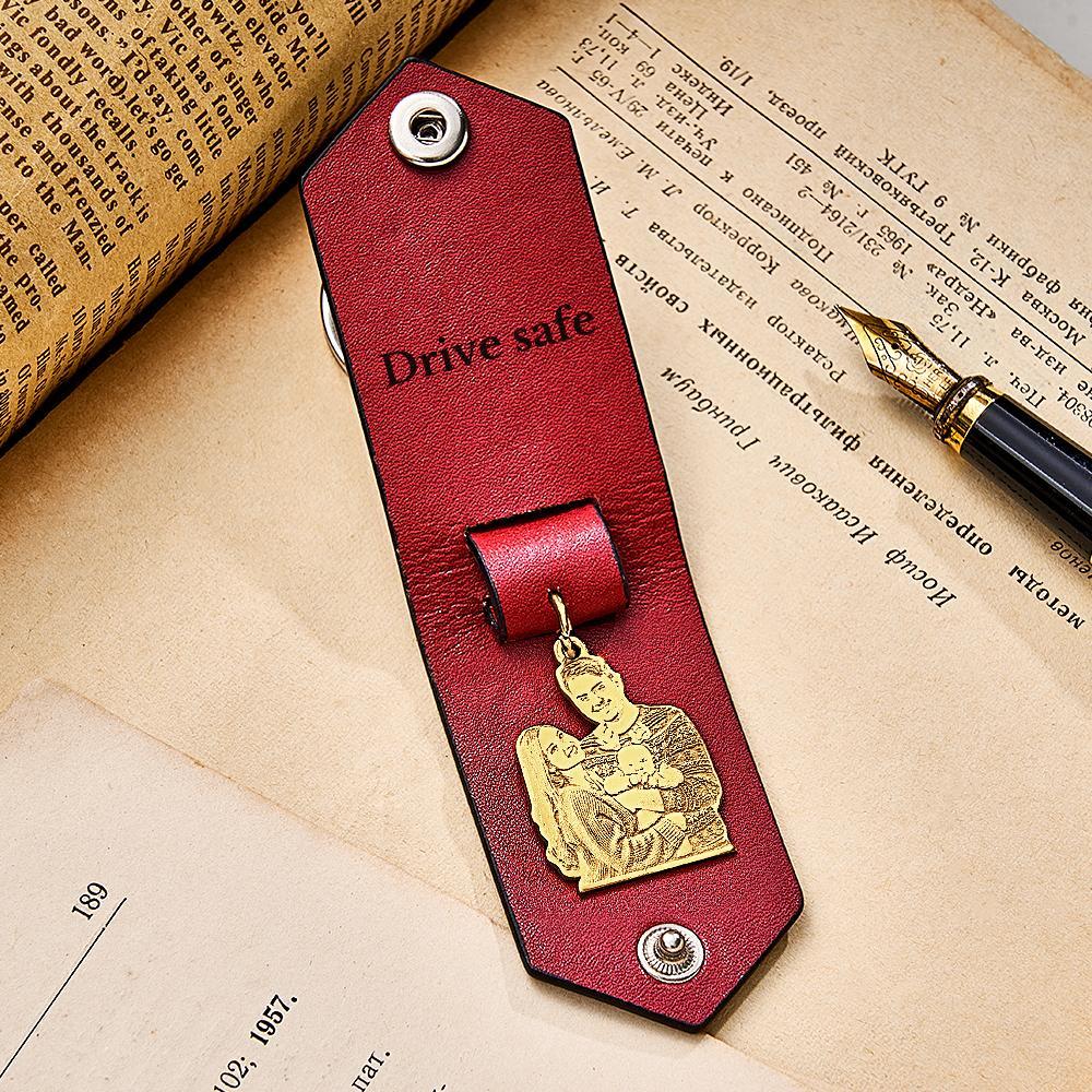 Custom Photo Leather Keychain With Text Annivesary Gifts For Men - soufeelmy