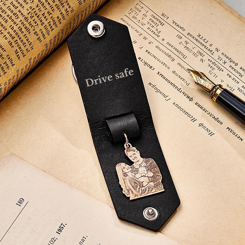 Custom Photo Leather Keychain With Text Annivesary Gifts For Men - soufeelmy