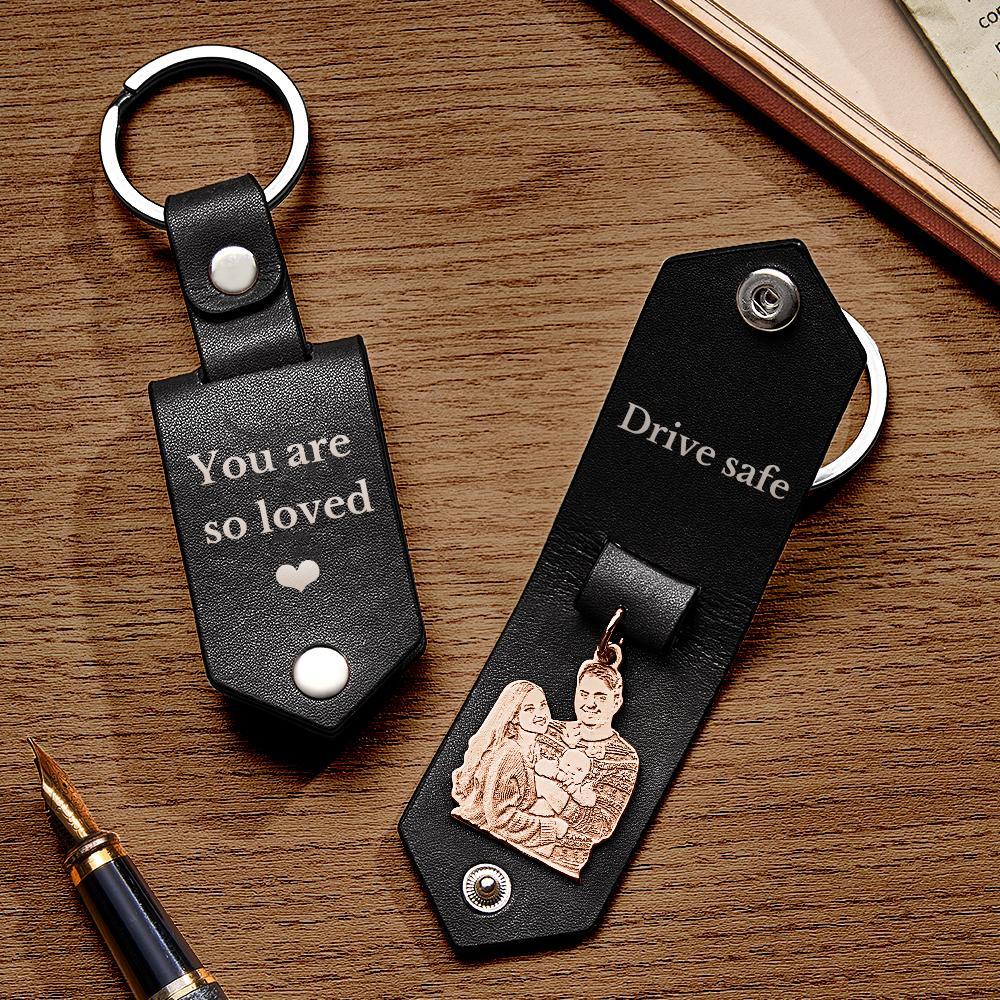 Custom Photo Leather Keychain With Text Annivesary Gifts For Men - soufeelmy