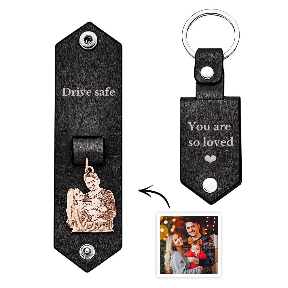 Custom Photo Leather Keychain With Text Annivesary Gifts For Men - soufeelmy