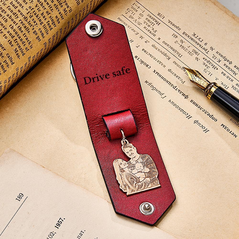 Custom Photo Leather Keychain With Text Annivesary Gifts For Men - soufeelmy