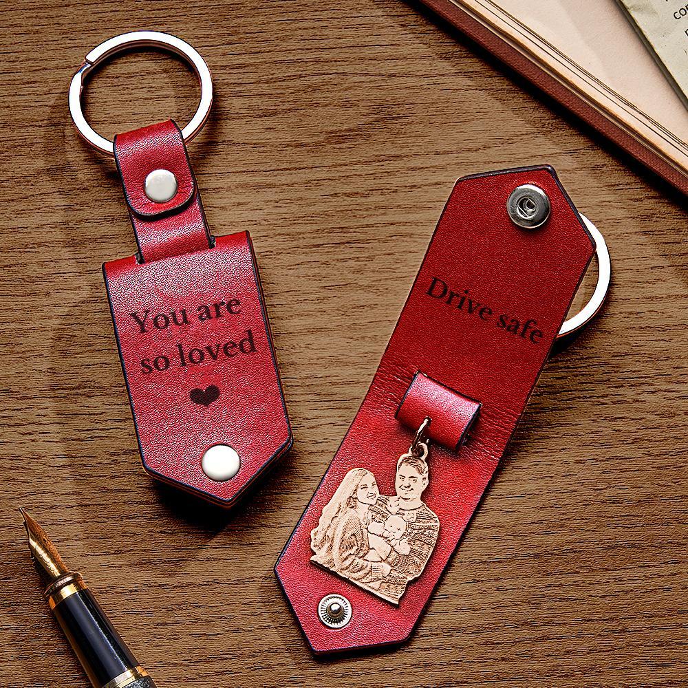 Custom Photo Leather Keychain With Text Annivesary Gifts For Men - soufeelmy